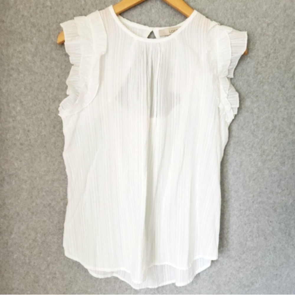 NWT LOFT Flutter Sleeve Seersucker Top Women's Size Small White Open Back